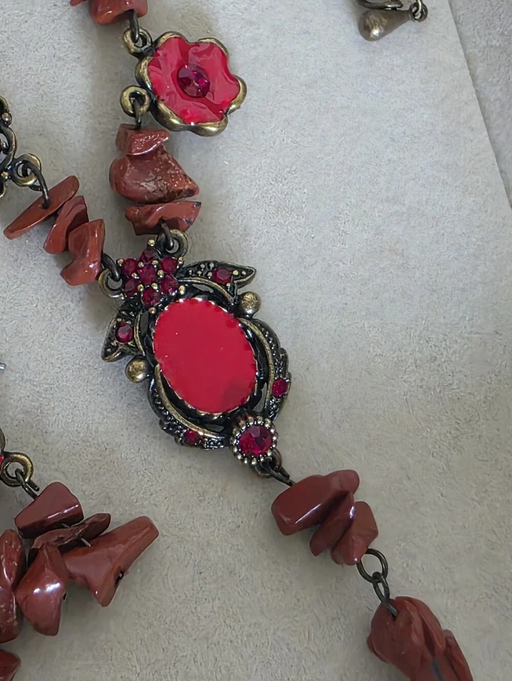 Boho Red Statement Necklace & Earring Set – Antique Brass Tone & Crystal